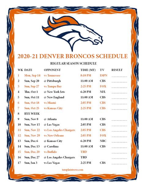 Denver Broncos 2021 Printable Schedule - PrintableSchedule.net ...