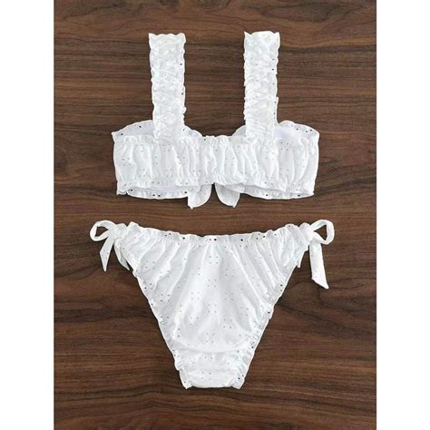 Jual Paket Bikini Seksi Putih Murni Dengan Pita Burung Merak Swimsuit