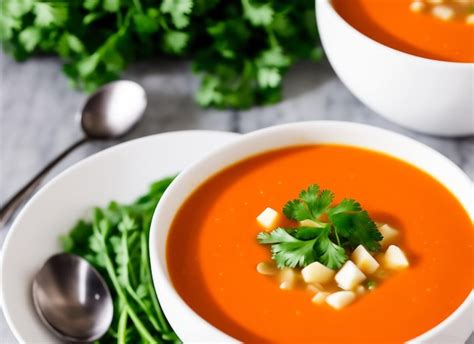 Sopa fría de gazpacho con tomate pan jamón y verduras Foto Premium