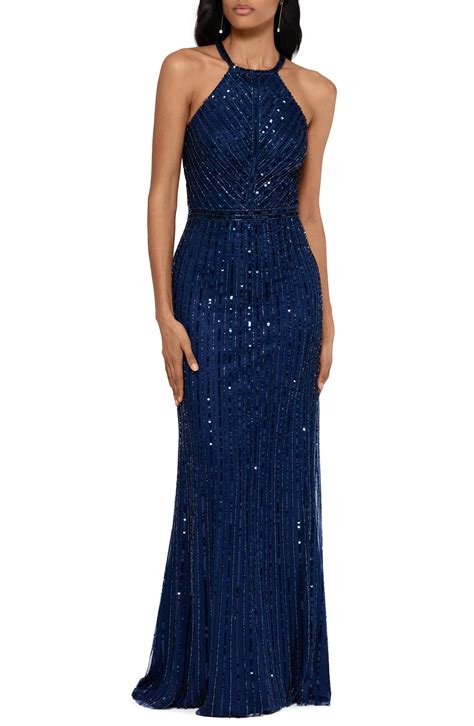 Xscape Halter Neck Beaded Trumpet Gown In Blue Lyst