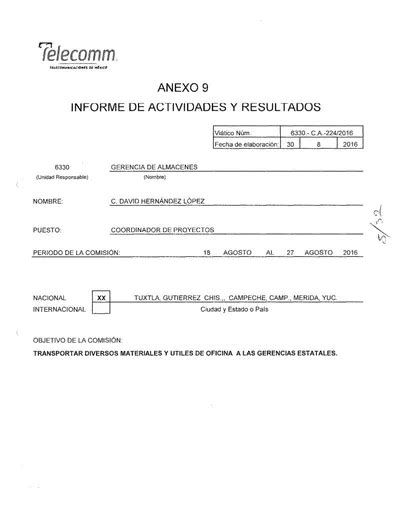 ANEXO 9 INFORME DE ACTIVIDADES Y RESULTADOS C A 224 2016 Fecha De