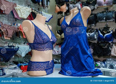 Two Mannequins Dressed In Beautiful Blue Lace Women S Underwear In A