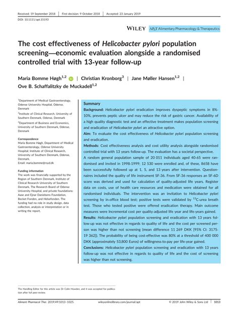 The Cost Effectiveness Of Helicobacter Pylori Population Screening