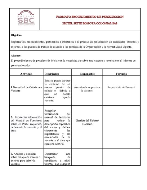 Formato de requisición FORMATO PROCEDIMIENTO DE PRESELECCION HOTEL