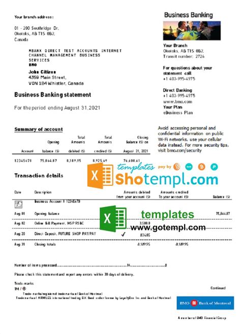 Canada Bmo Bank Of Montreal Bank Statement Easy To Fill Template In Xls And Pdf File Format