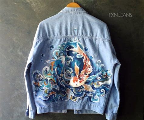 Hand Painted Oversized Jeans Jacket Koi Fish Painting Unisex Painted