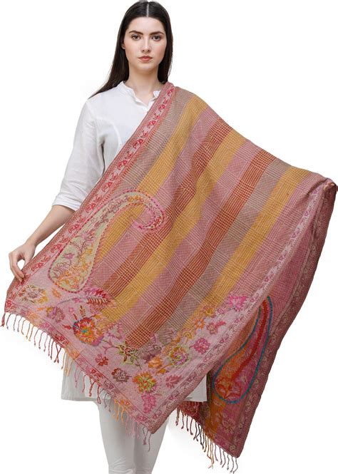 Rainbow Boiled Wool Stole From Amritsar With Aari Embroidered Paisley