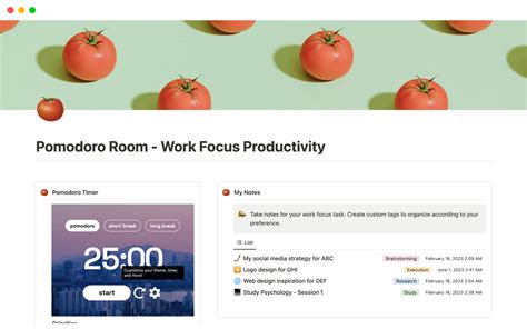 Pomodoro Room Work Focus Productivity Notion Template