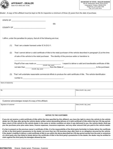 Bmv Affidavit Form Indiana Printable Form