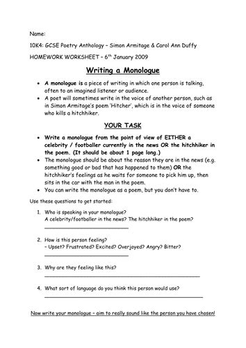 Writing A Dramatic Monologue Sheet Teaching Resources