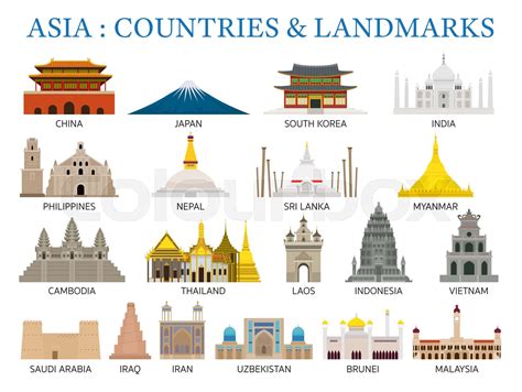 Asia Countries Landmarks in Flat Style | Stock vector | Colourbox