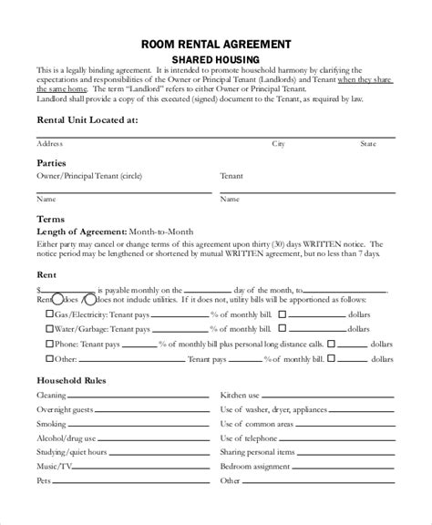 Free 8 Sample Room Rental Agreement Templates In Pdf Ms Word