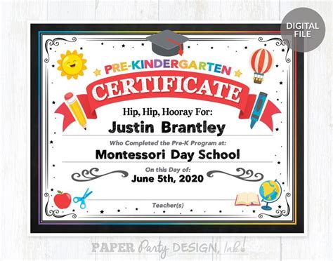 Prek Graduation Certificate Printable Pre K Graduate Etsy Pre K