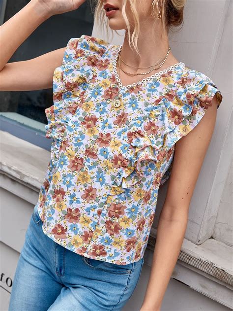 Layered Ruffle Trim Allover Floral Blouse Boho Printed Tops Fashion