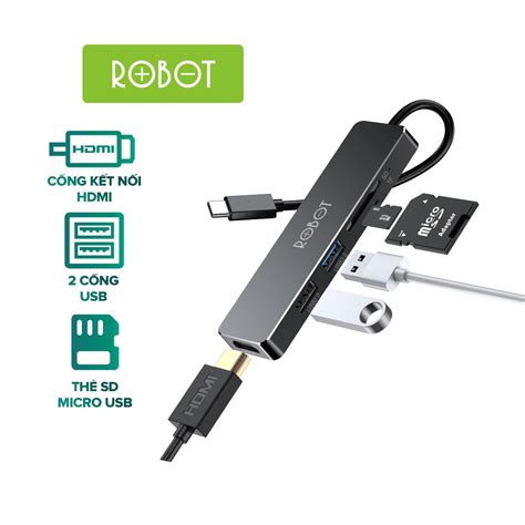 Hub Robot Type C Chuyển đổi đa Năng 5 In 1 Ht240s Đen Usb Hdmi Pd