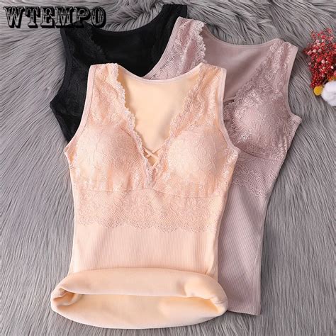 Sexy Winter Thermals Velvet Vest Pad Plus Size Xxxl Inner Wear For Women Lace Sleeveless Body