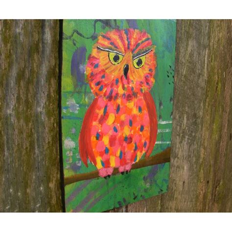 primitive funky folk art orange owl painting colorful funky home decor