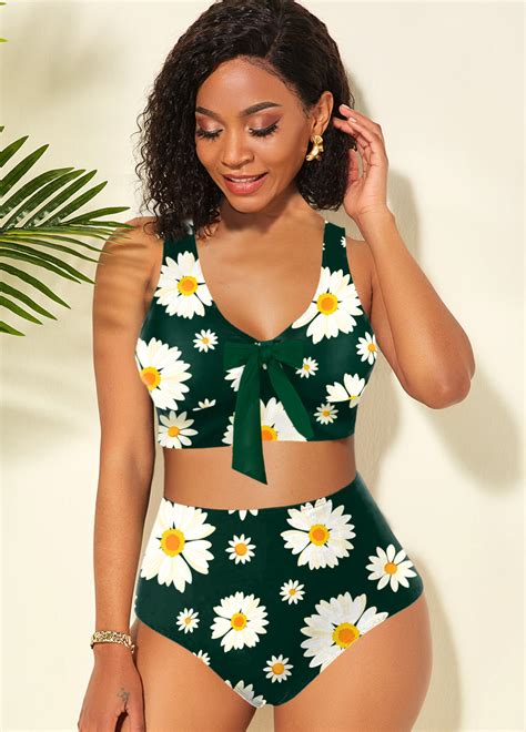 Bowknot Daisy Print High Waisted Bikini Set Rosewe USD 13 99