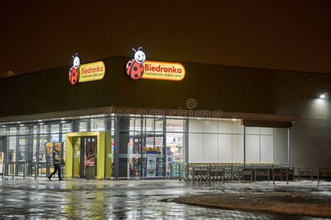 Front Entrance Of A Biedronka Supermarket At Night In The Stare Zegrze