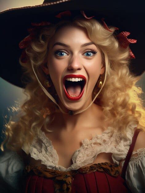 Premium AI Image A German Blonde Girl With Dirndl And Cowboy Hat Is Singing And Dancing