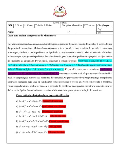 Ficha Das Ferias 11a Classe Pdf Equações Matemática