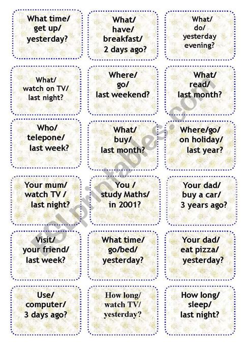 Past Simple Making Questions Speaking Cards Esl Worksheet By Bea