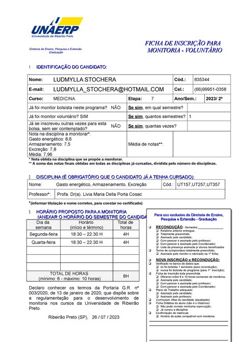 Ficha De Inscri O Ludy Psicologia Unip Studocu