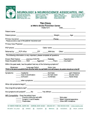 Fillable Online Tia Clinic Intake Form The Neuroscience Center At Nna