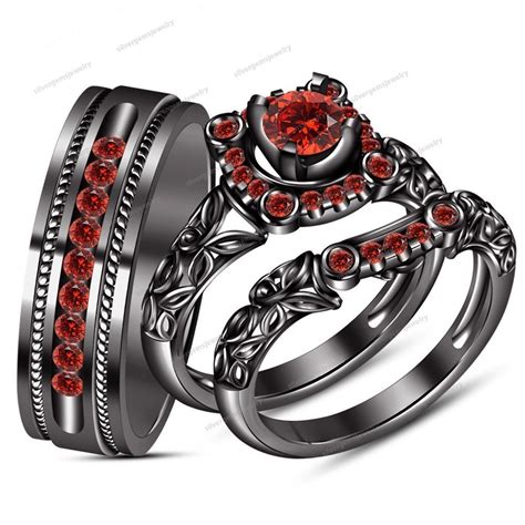 Rd Red Garnet 18k Black Gold Fn 925 Silver Wedding Bride And Groom Trio