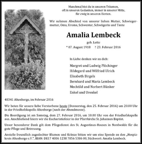 Traueranzeigen Von Amailia Lembeck Trauer Ms