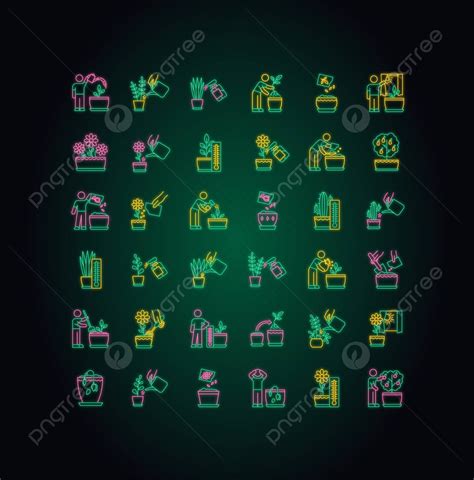 Neon Light Icons For Houseplant Care And Cultivation Vector Outline