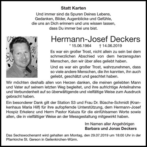 Traueranzeigen Von Hermann Josef Deckers Aachen Gedenkt