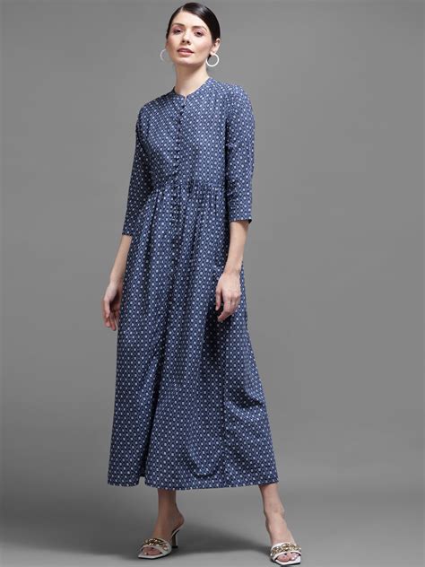 Buy Kalini Navy Blue Ethnic Motifs Maxi Cotton Dress Dresses For