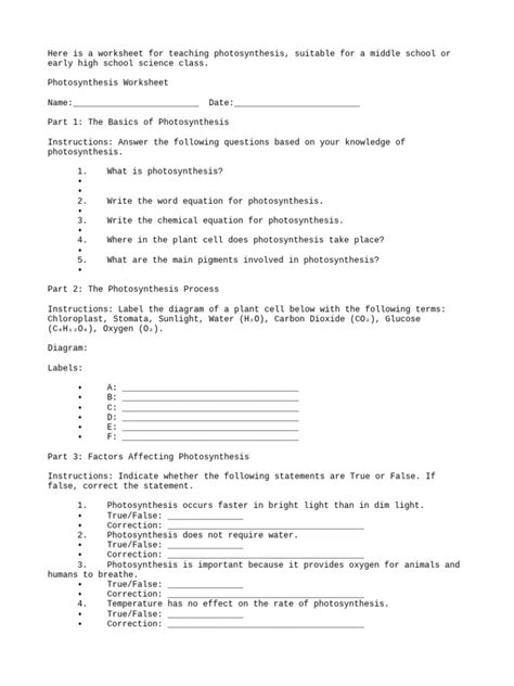 Worksheets For Photosynthesis | PDF