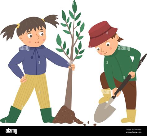 Ilustración vectorial de niños que plantan árboles aislados sobre fondo