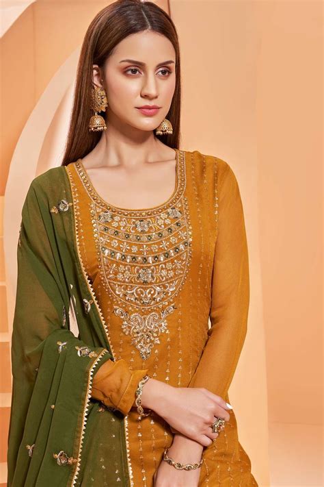 Mustard Eid Sharara Suit In Embroidered Georgette Uk Ss