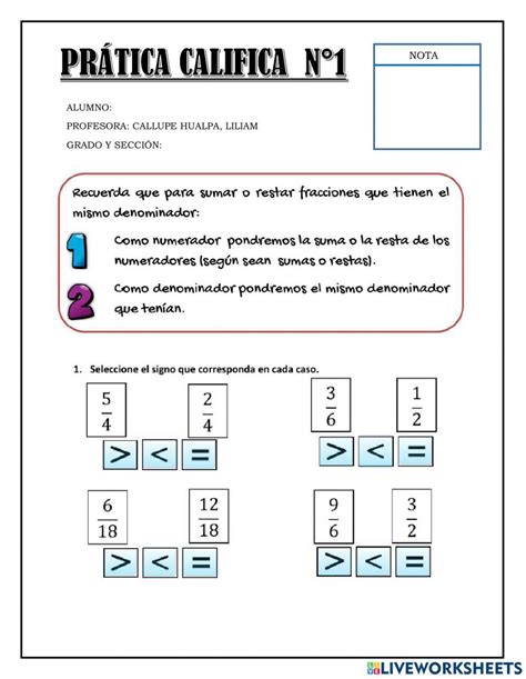 Comparación De Fracciones Exercise For Tercero De Primaria Live Worksheets