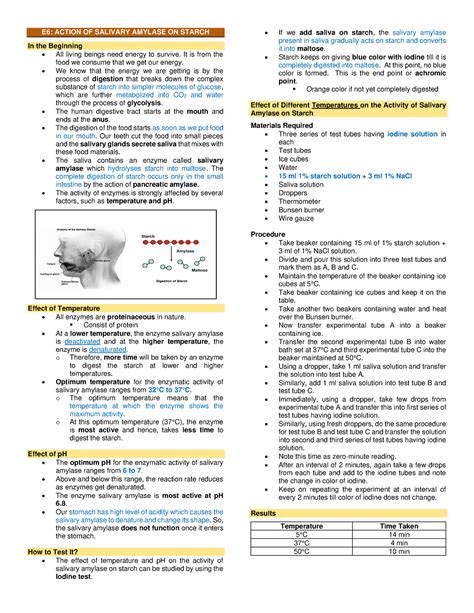 Biochemistry L Action Of Salivary Amylase On Starch E Action Of