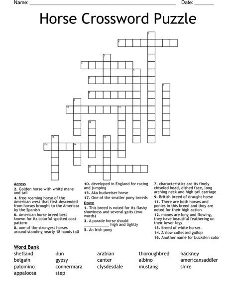 Horse Crossword Puzzle - WordMint