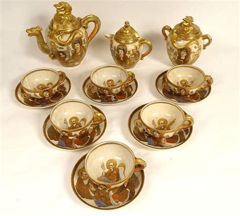 Proantic Service Thé Tasses Porcelaine Satsuma Japon Dragons Personn