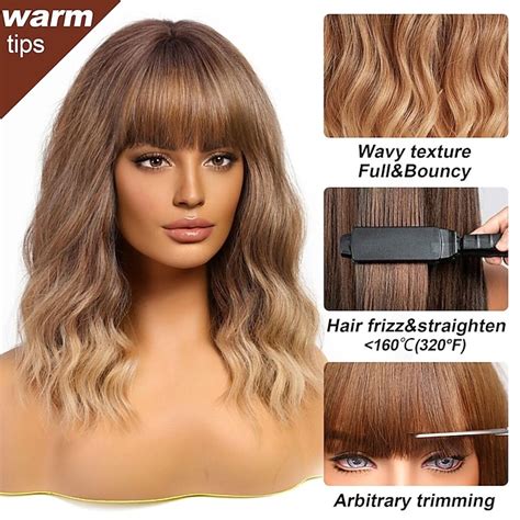 Short Wavy Blonde Wig With Bangs Short Blonde Brown Bob Wigs For Women