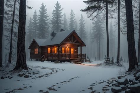 Premium AI Image | A log cabin in the snow with the lights on.