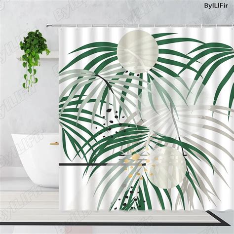 Abstract Mid Century Shower Curtains Watercolour Plants Leaves Black