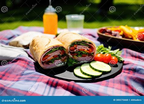 A Baloney Sandwich with Vegetables on a Picnic Blanket Stock Photo ...