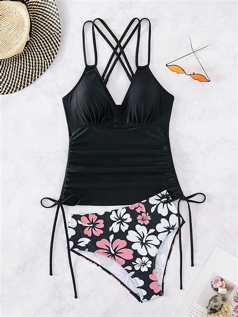 SHEIN Swim Classy Floral Print Criss Cross Drawstring Side Bikini