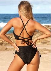 ROTITA Lace Up Spaghetti Strap Black Bikini Set Rotita USD 33 98