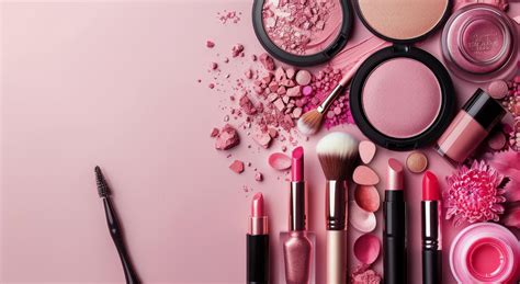 pink cosmetics arranged  pink background  stock photo  vecteezy