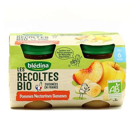 Blédina Les Récoltes Bio Pot Compote Pommes Nectarines Bananes 6m 2 x