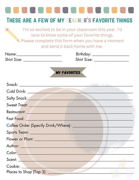 All About My Teacher Printable Teacher Favorite Things Questionnaire