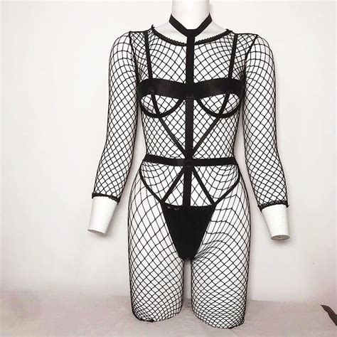 Fishnet Stocking With Bodysuit Porn Bandage 2 Piece Mesh Lingerie Naked